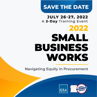 Orange and blue Small Business Works conference promotional graphic